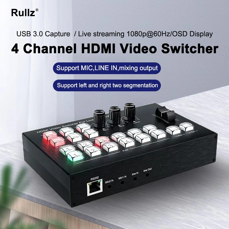 Conmutador mezclador de vídeo HDMI 1080p 4, estación de producción de transmisión, compatible con múltiples cámaras, transmisión en vivo, grabación de captura de vídeo USB 3,0 - imagen 3