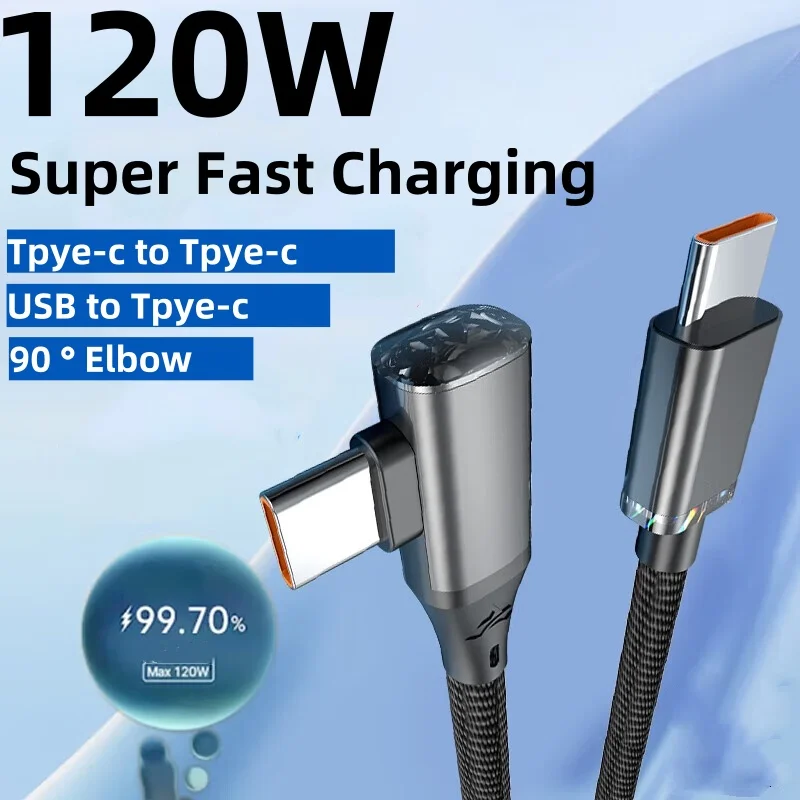 USB a tipo C PD120W 90 °   Cable de carga rápida tipo c a cable de cristal tipo c para iPhone 16 15 Samsung Xiaomi Cable de carga