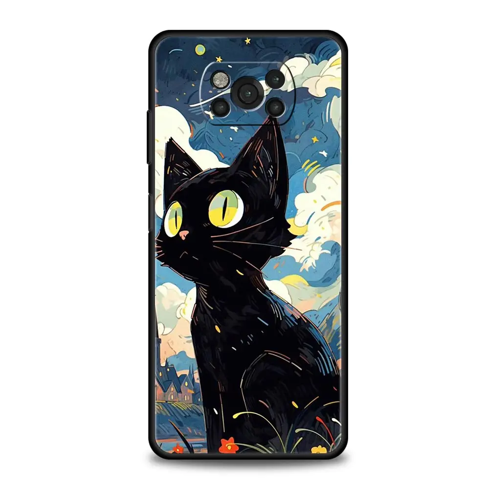 Funda de teléfono para Xiaomi Poco X6 X5 X4 Pro 5G X3 NFC F5 F4 M5 M4 M3 F3 GT C51 C50 C55, cubierta negra de dibujos animados, arte de gato encantador, moda - imagen 3