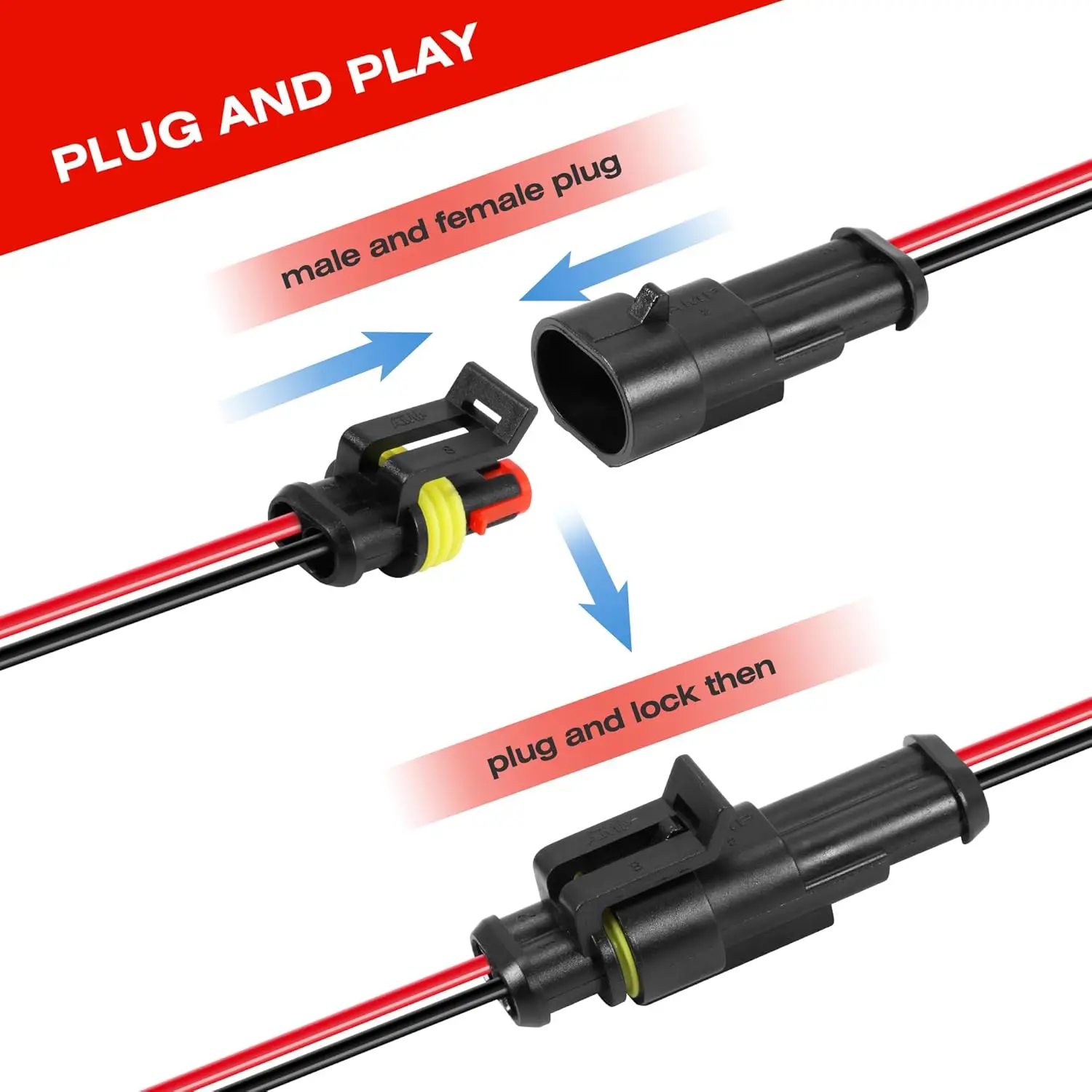 Kit de 5 conectores de cables eléctricos de 2 pines, enchufe macho y hembra impermeable de 2 vías para coche, camión, motocicletas, barco marino - imagen 4