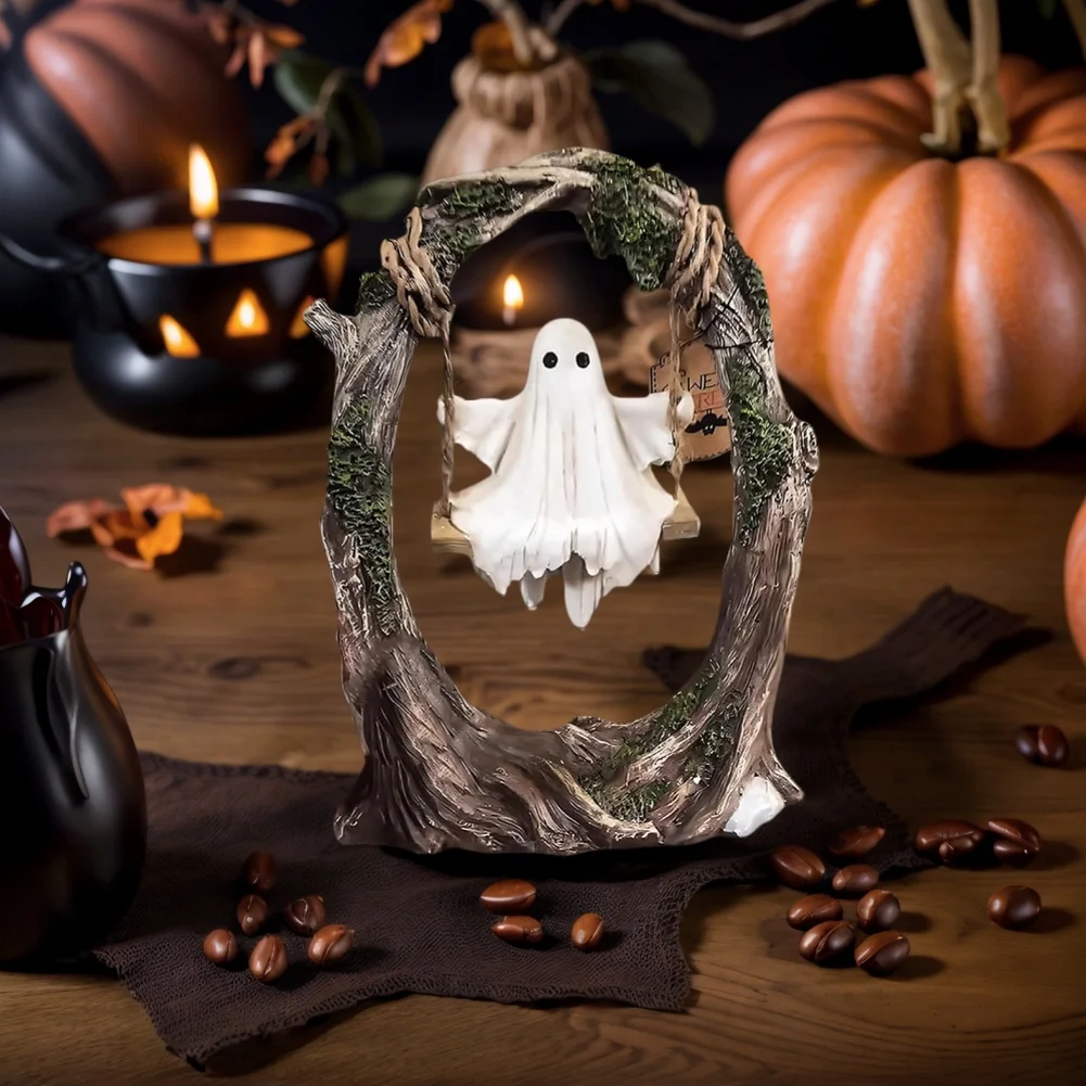 Adornos de decoración de columpio de árbol fantasma para Halloween, estatua espeluznante de resina, decoración del hogar para escritorio, alféizar de ventana, mesas de comedor - imagen 2