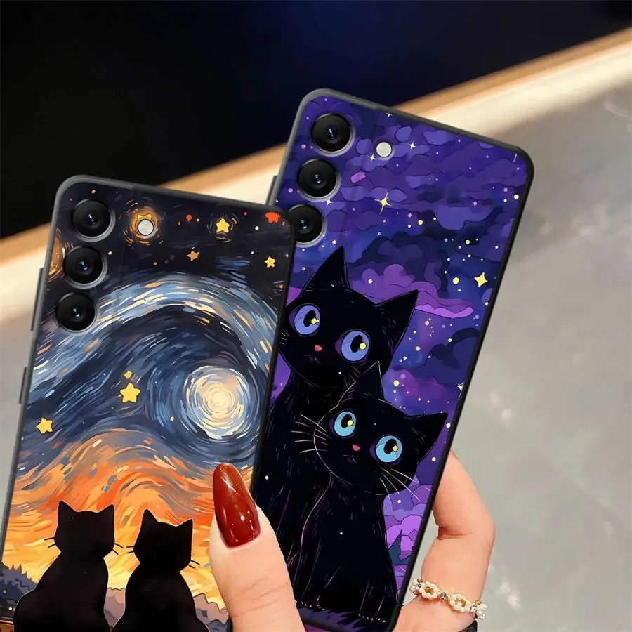 Funda de dibujos animados de gato cielo estrellado para Samsung Galaxy A06 A30 A15 A70 A50 A04 A20 A13 A05 A10 A12 A40 A16 A17 funda de teléfono suave negra - imagen 5