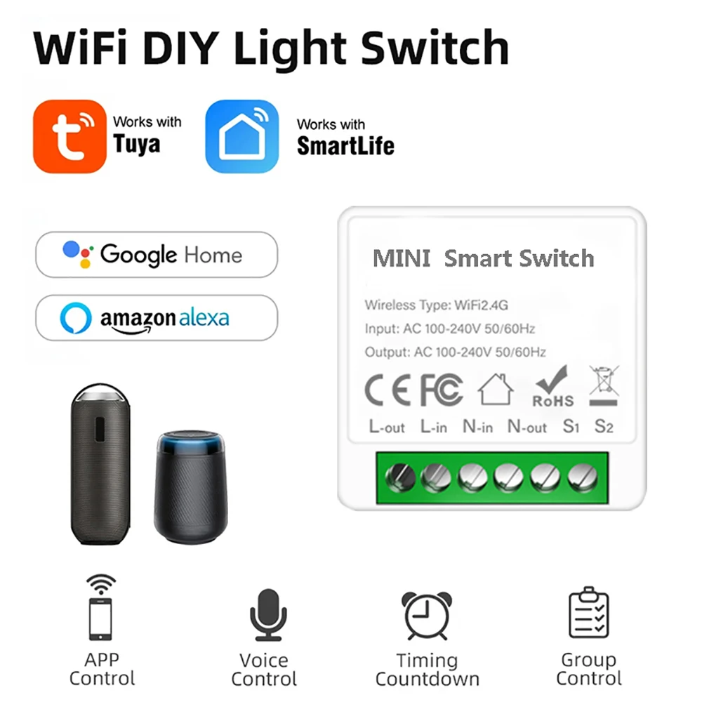 Interruptor WiFi inteligente Tuya de 16A, compatible con interruptores bidireccionales DIY, Mini interruptor inteligente, Control de vida inteligente, compatible con Alexa y Google Alice