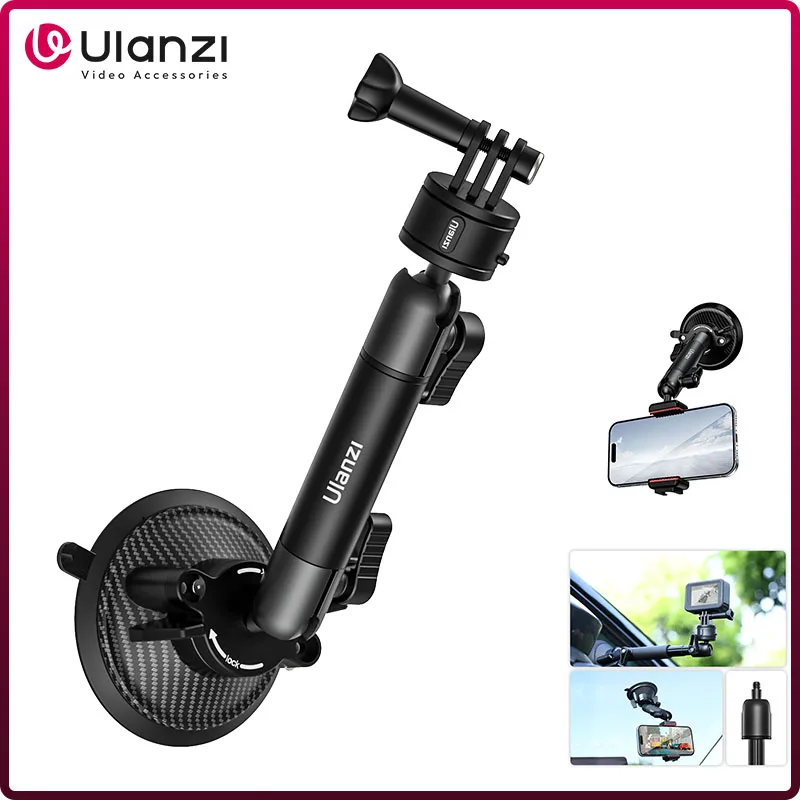 Ulanzi Go-Quick II Cámara de Acción Smartphone Soporte con Ventosa 1/4'' Tornillo 360 °   Cabezal de bola para GoPro para soporte para teléfono Insta360 para coche