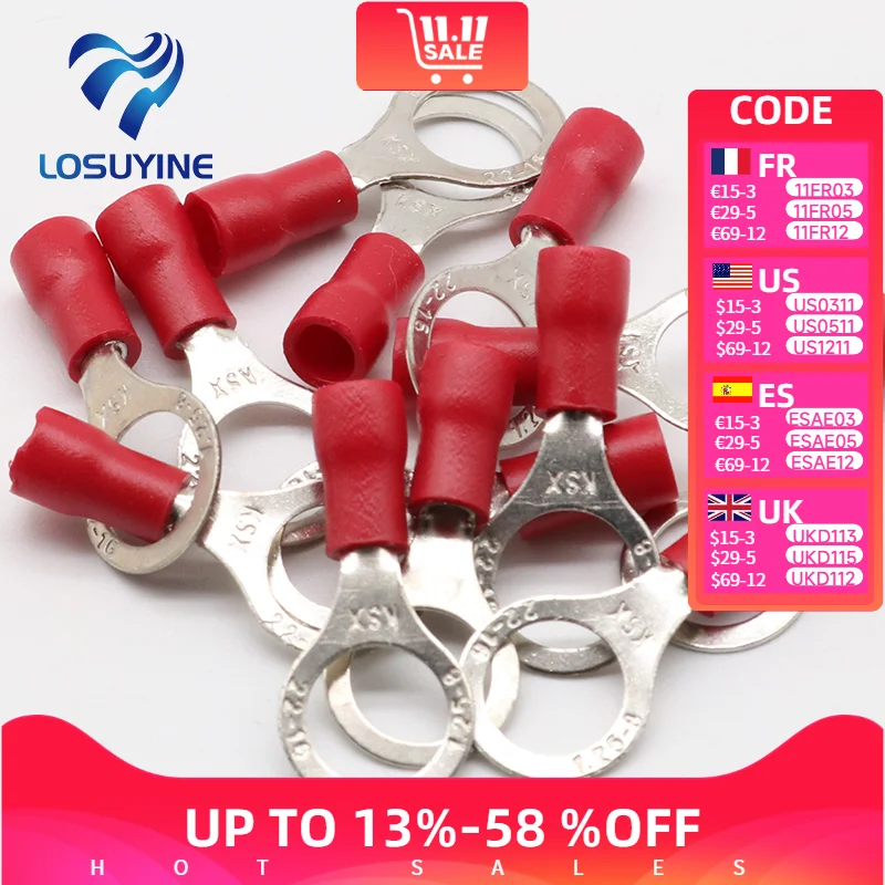 RV1.25-8 Circular rojo 22-16 AWG 0,5-1,5 mm2 conector de Terminal de anillo aislado conector de Cable 100 unids/pack RV1-8 RV