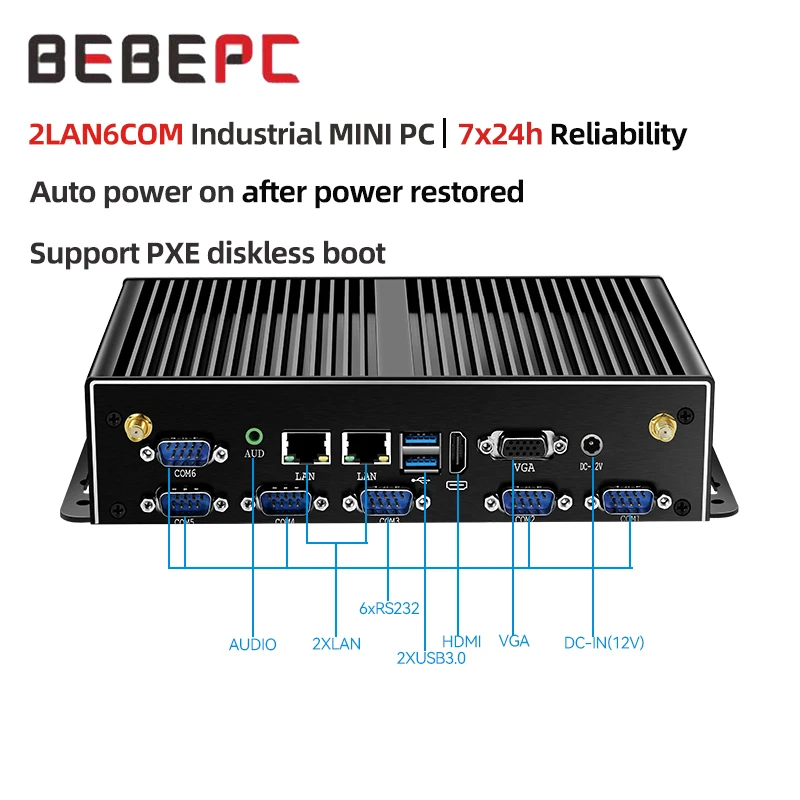 BEBEPC Mini PC industrial sin ventilador i7-5500U 2xGigabit LAN 6xRS232 4xUSB3.0 2xUSB2. Soporte WiFi 4G LTE Linux Computadora Win10 Ready
