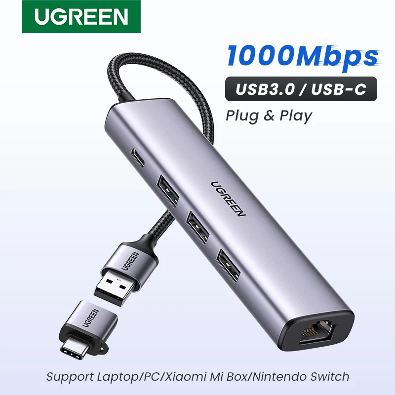UGREEN-adaptador Ethernet USB 1000/100Mbps, HUB RJ45 Lan para ordenador portátil, PC, Mi Box Xiaomi, Macbook, Windows USB-C, tarjeta de red HUB