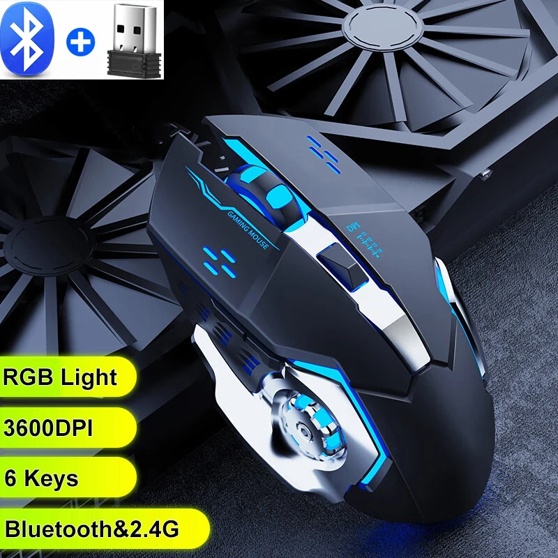 Ratón Bluetooth de 2,4 Ghz para juegos, ratón inalámbrico recargable, USB, mecánico, retroiluminación para deportes electrónicos, para ordenador y portátil