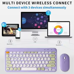 Combo de teclado y ratón Bluetooth de modo Dual, teclado inalámbrico de 3 canales, 2,4G, bonito teclado redondo para Windows, iOS y Android