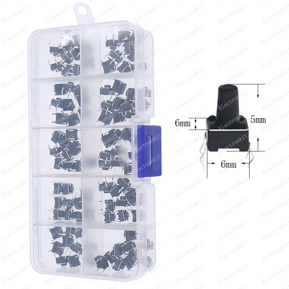 100 Uds 6*6*5mm caja de Kit de interruptor de botón táctil momentáneo