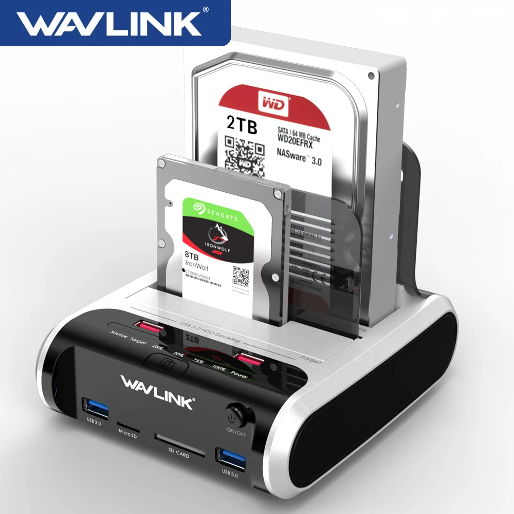 Wavlink-disco duro externo SATA HDD de 2,5 "y 3,5", estación de acoplamiento USB 3,0, lector de tarjetas clon sin conexión de 5Gbps para carcasa de disco duro