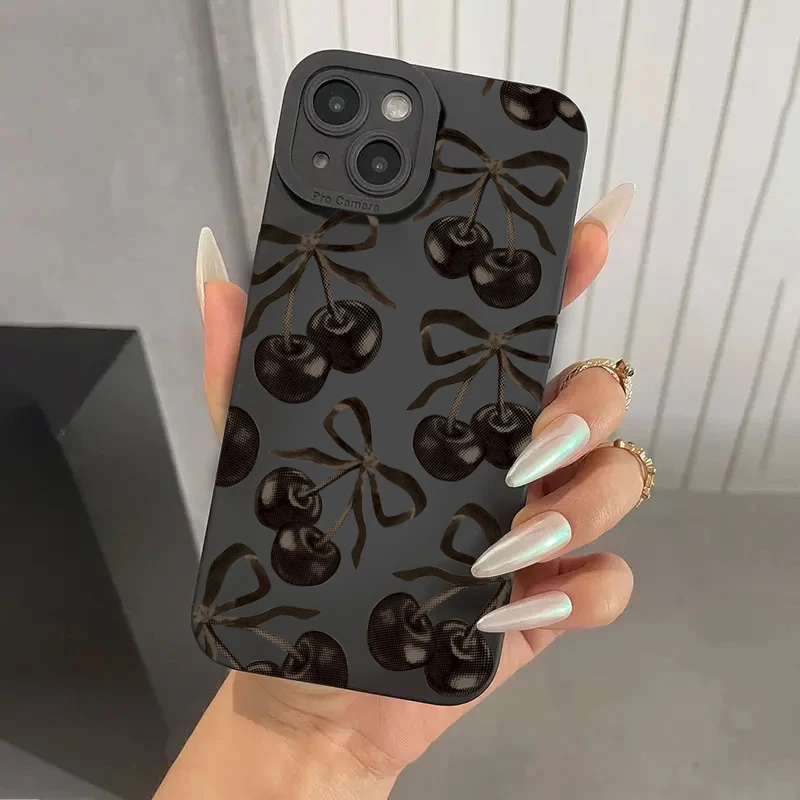 Funda de teléfono de silicona con bonito lazo y cereza para iPhone 17 16 15 14 13 12 11 Pro Max 17 Air 16E XS X XR 7 8 Plus, funda suave a prueba de golpes - imagen 2