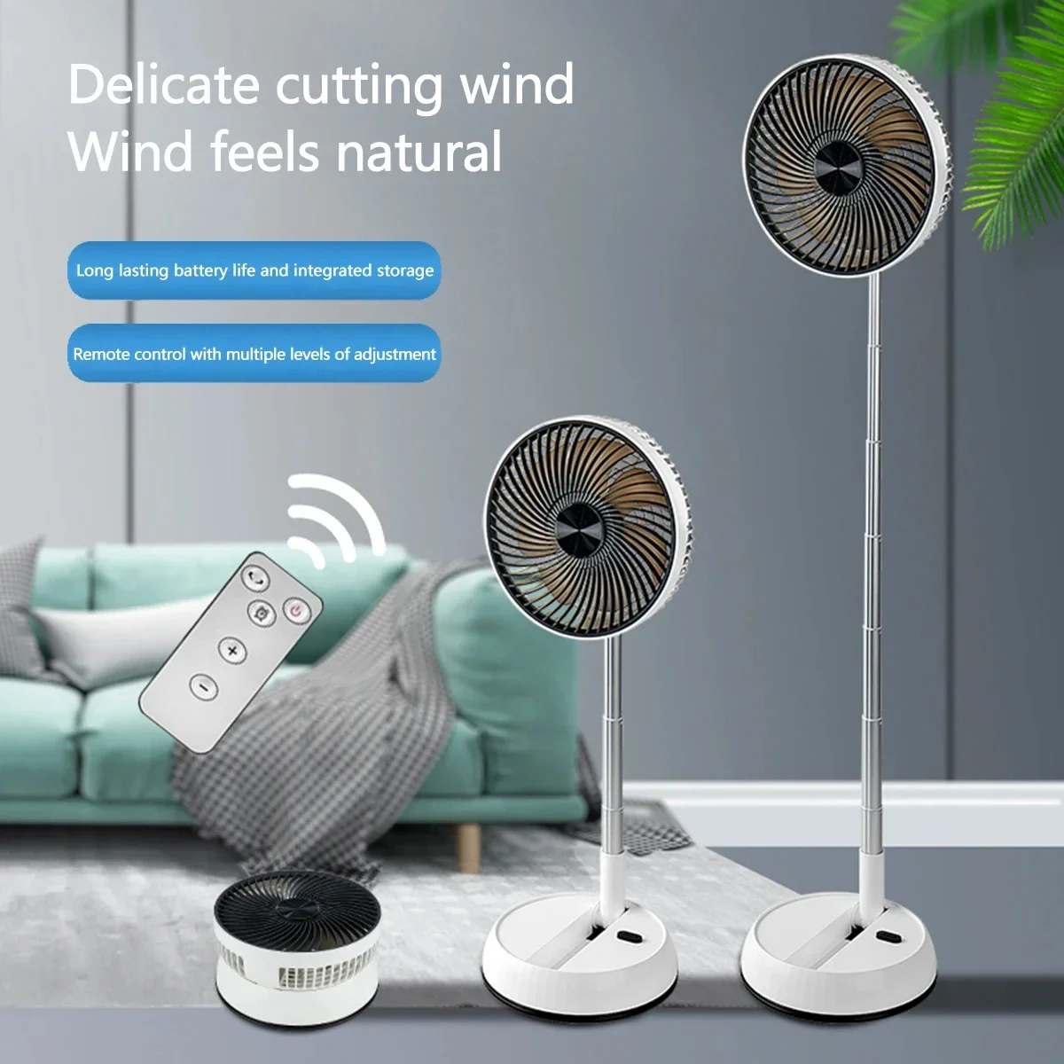 Ventilador de pie oscilante portátil con mando a distancia, ventilador de escritorio plegable, ventilador de Pedestal con batería recargable para acampar - imagen 2