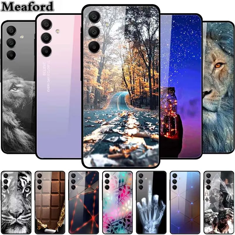 Funda de lujo para Samsung A15 4G 5G, cubierta de vidrio templado para Samsung Galaxy A25 A55 5G, fundas protectoras de lobo a la moda