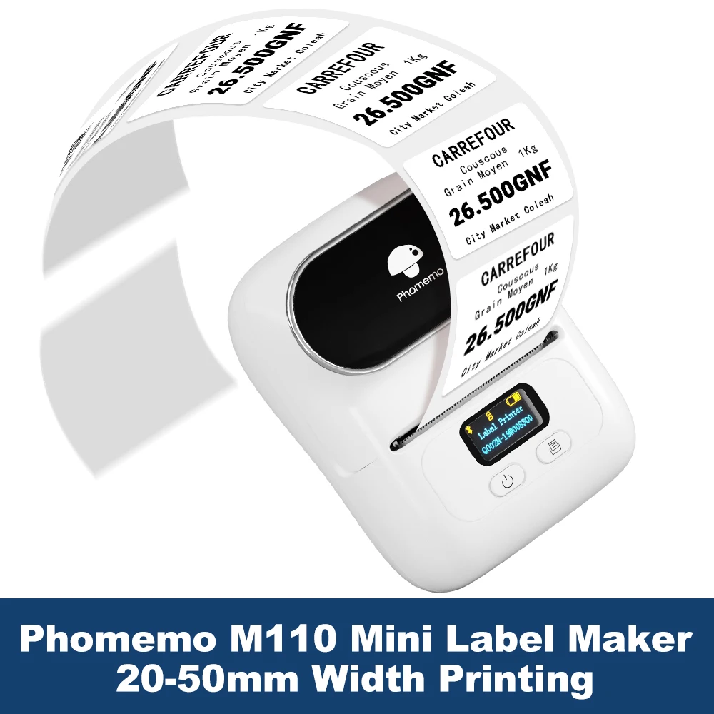 Impresora de etiquetas Phomemo M110 Label Maker Impresora de etiquetas de código de barras para dirección, código de barras, ropa, foto, logotipo, joyería, venta al por menor, negocios
