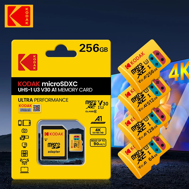 Tarjeta de memoria Micro SD KODAK 128GB 256GB 512GB A2 hasta 100MB/s Class10 U3 tarjeta microsd TF 4K HD para teléfono de monitoreo de juegos - imagen 2