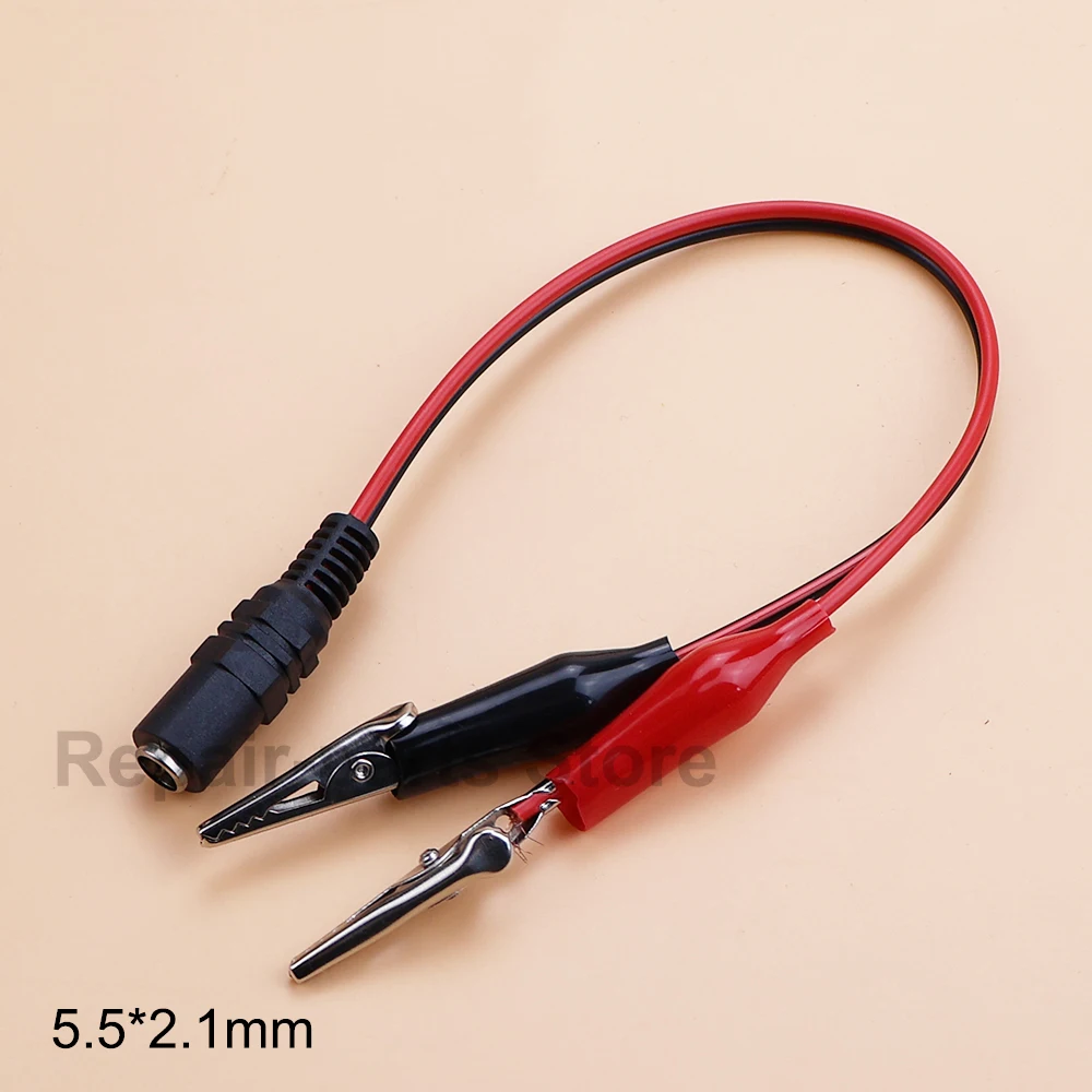 2 pinzas de cocodrilo a 1 adaptador de conector de clavija de alimentación CC macho o hembra cable de 25CM Clips de 5,5*2,1mm cables de prueba de cocodrilo - imagen 5