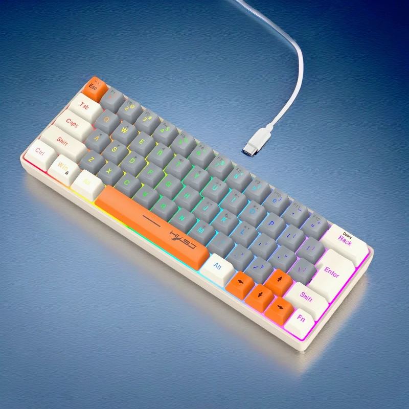 Teclado RGB USB con cable 63 teclas para jugadores, miniteclados compactos para viajes, oficina, juegos, teclado de negocios (gris y naranja) - imagen 2