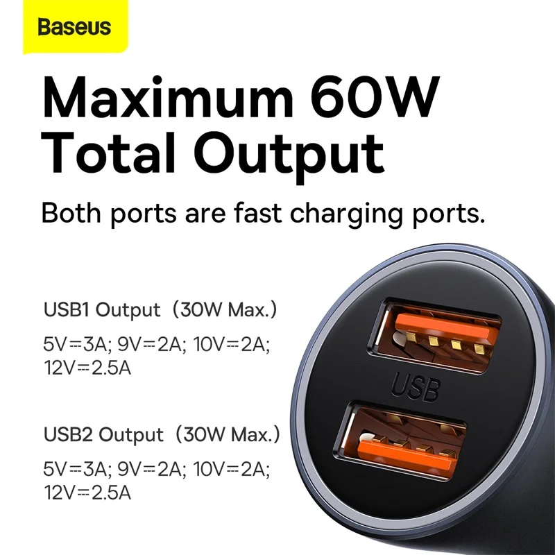 Baseus 60W Cargador de coche de metal Cargador rápido USB dual para iPhone Samsung HUAWEI Xiaomi Cargador de teléfono de coche - imagen 2