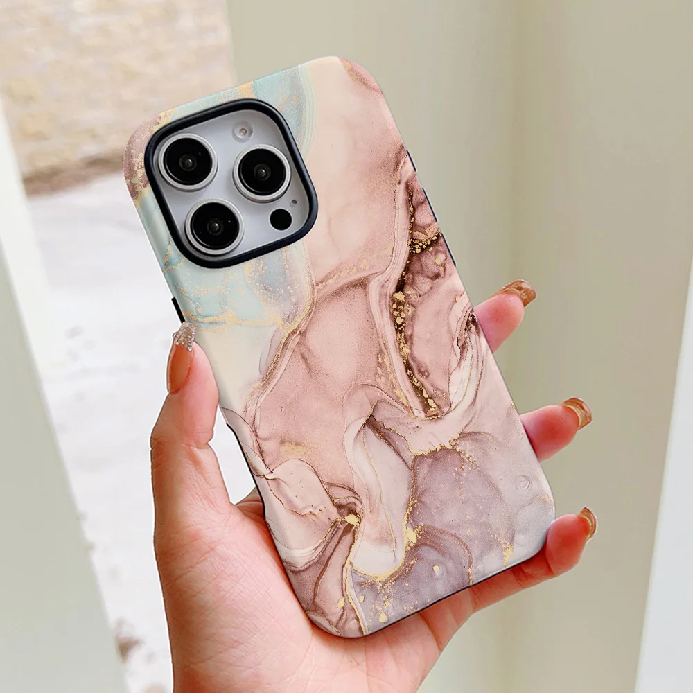 Funda de teléfono con patrón de mármol azul polvo para iPhone 16, 15, 14, 13, 12, 11 Pro Max Plus, funda trasera magnética de lujo de doble capa - imagen 5