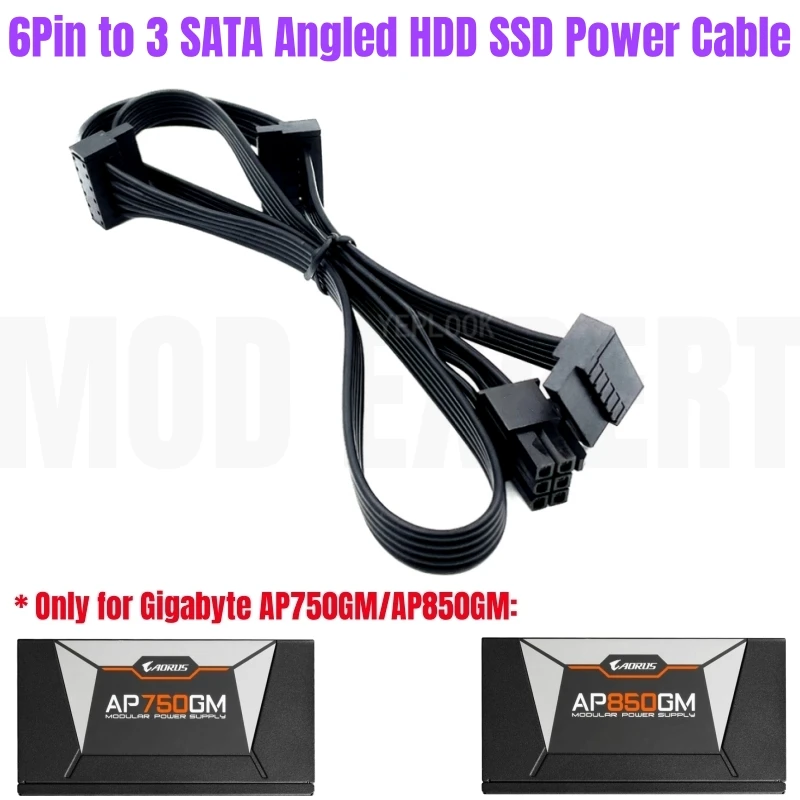 Cable de fuente de alimentación SSD HDD de ángulo recto de 6 pines a 3 SATA macho para Gigabyte AORUS P750W AP750GM, P850W AP850GM Gold Modular Power