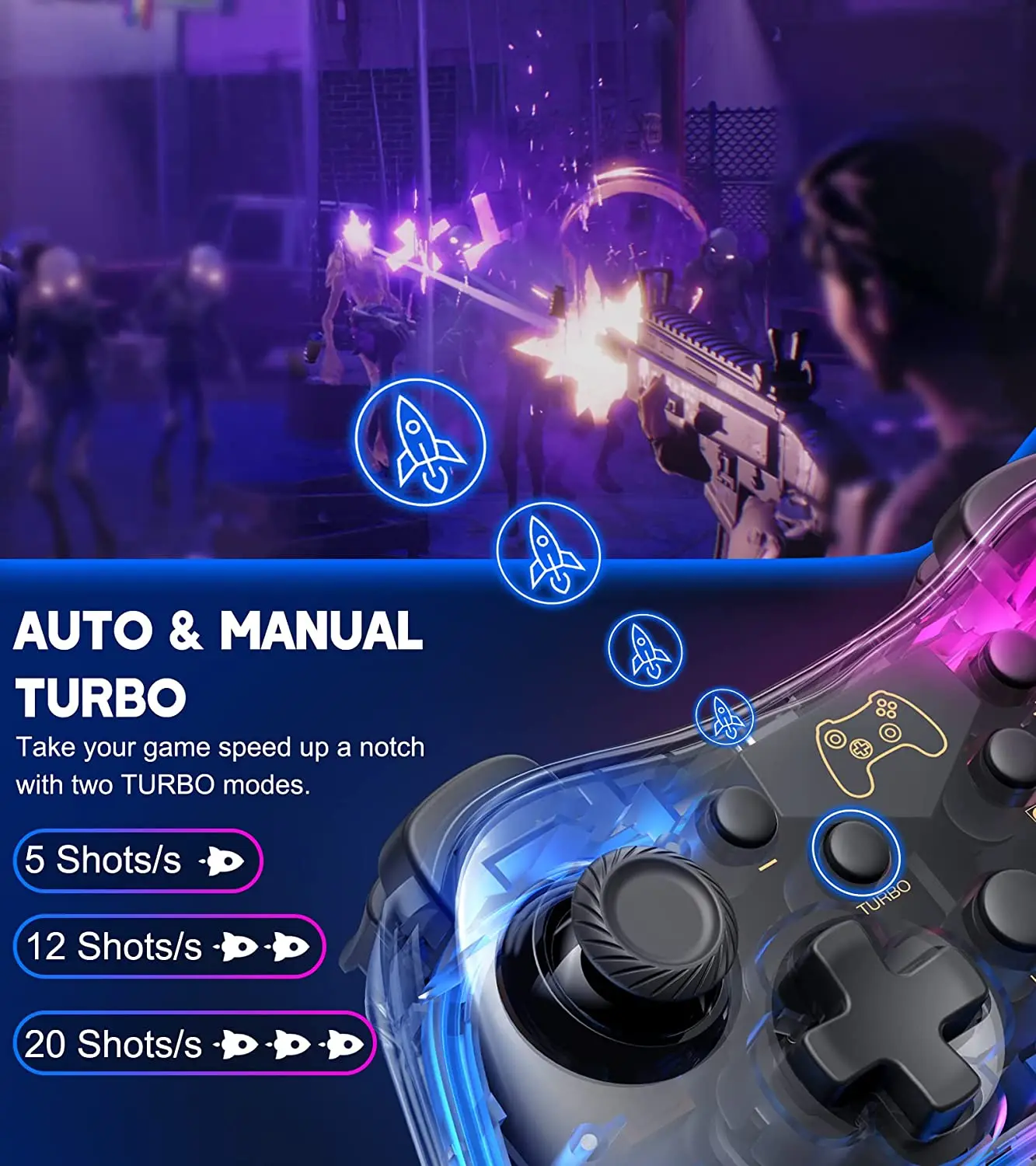 Controlador 7039 para interruptor con luces RGB, Turbo, función de despertador, compatible con multiplataforma y Control de aplicaciones, GamePad transparente - imagen 4