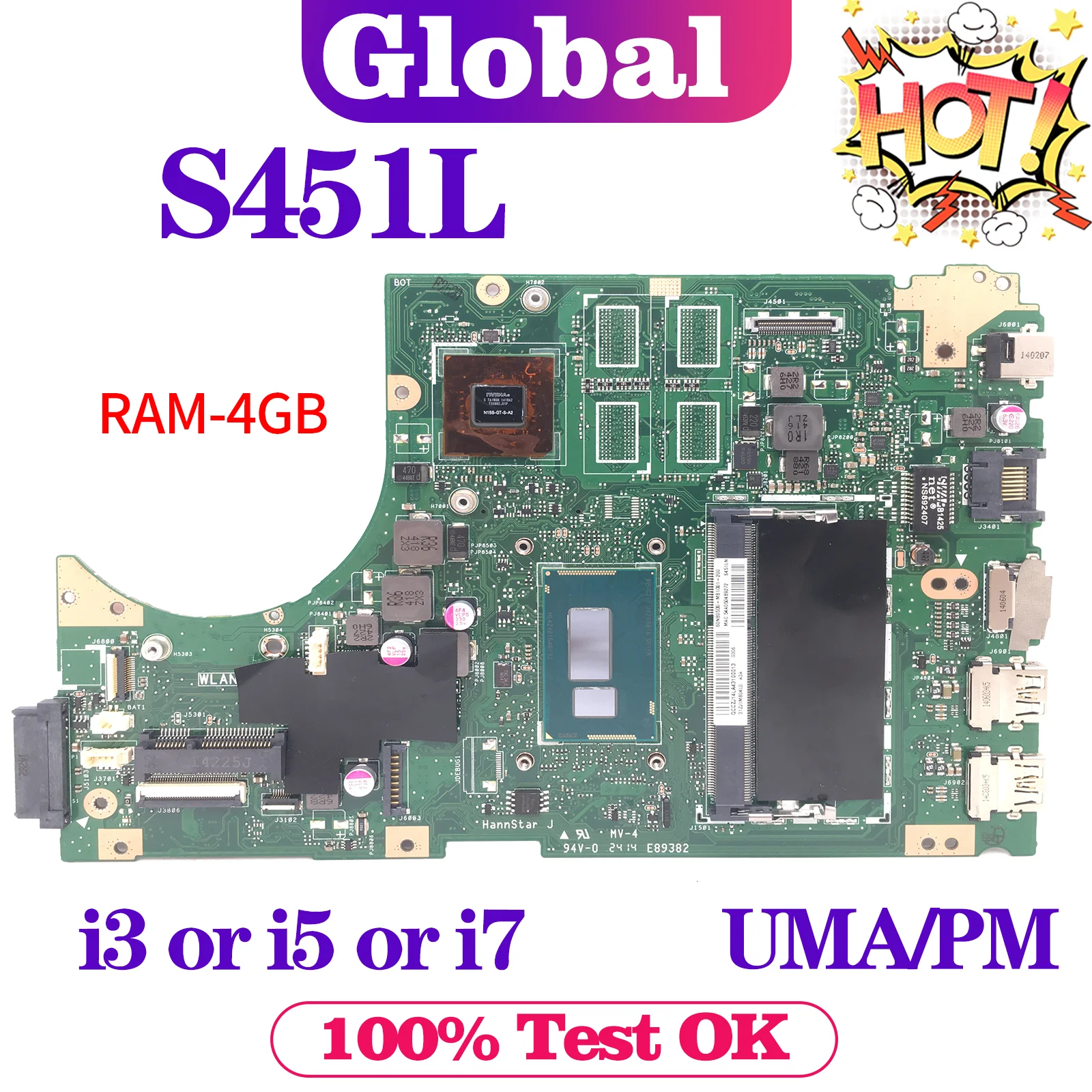 Placa base KEFU V451L para ASUS S451L S451LN S451LB S451LA S451 R451L K451L placa base para ordenador portátil con i3 i5 i7 UMA/PM 4GB/RAM