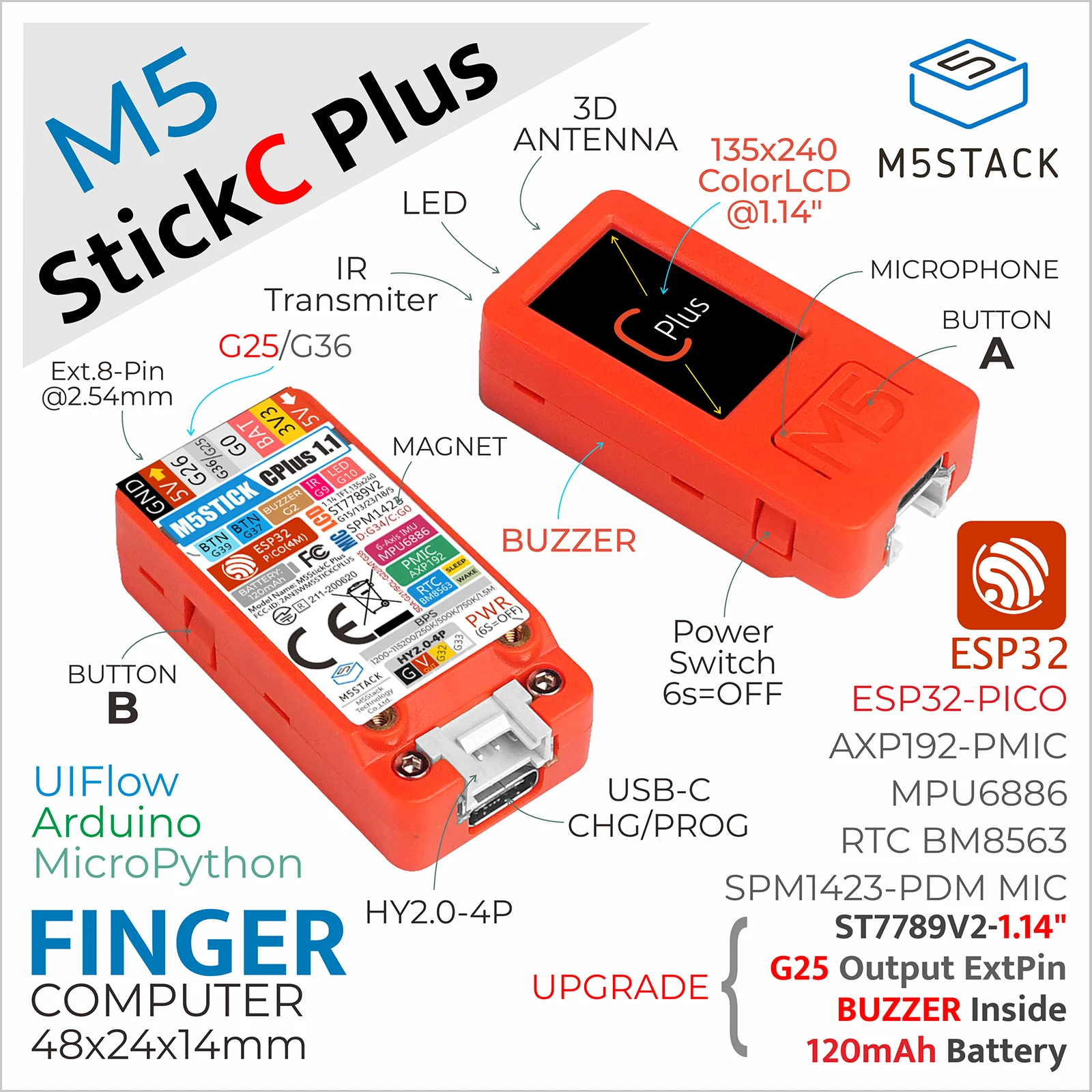 M5Stack Oficial M5StickC PLUS ESP32-PICO Mini IoT Kit de Desarrollo
