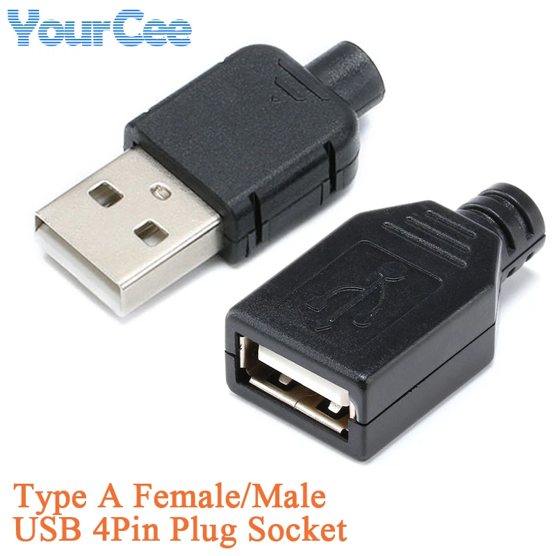 10 uds/5 uds tipo A macho hembra USB conector de enchufe de 4 pines con cubierta de plástico negro tipo A USB2.0 macho Kits de bricolaje