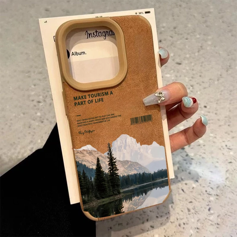 Para iPhone 17 16 Pro Max 15 14 13 12 11 Funda con motivo de montaña y paisaje de lago para iPhone XS Max XR X 16 Plus Funda de piel sintética