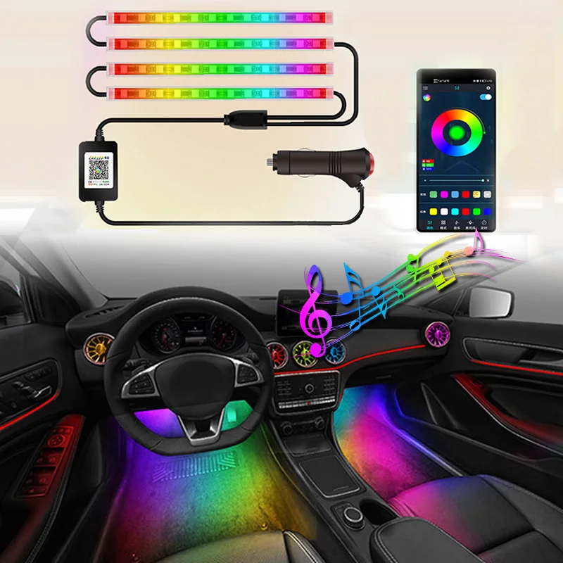 48 luces LED para el interior del coche, luz ambiente USB ambiente con control remoto inalámbrico, aplicaciones de música, control automático de la atmósfera RGB, lámparas decorativas