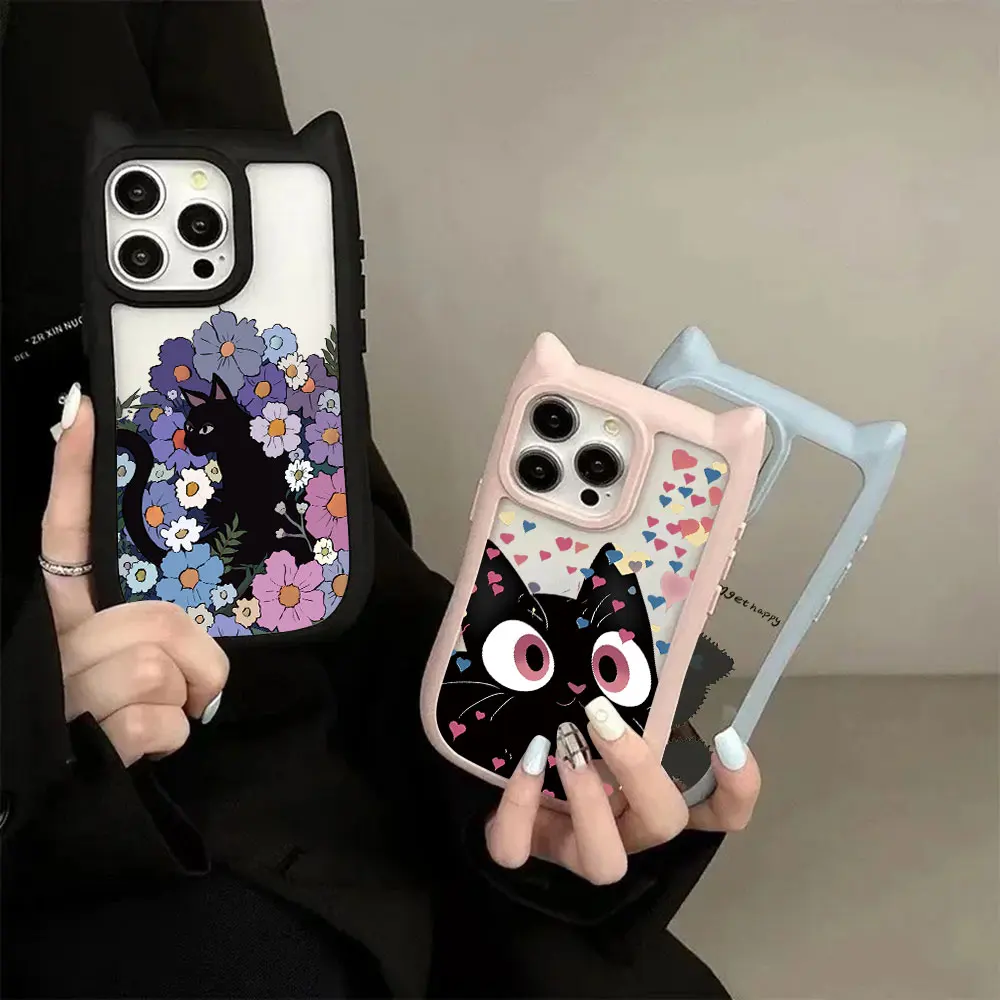 Funda de teléfono con orejas de gato de dibujos animados para iPhone 16, 15, 14, 13, 12, 11 Pro Max, parachoques de silicona suave de acrílico duro transparente - imagen 3