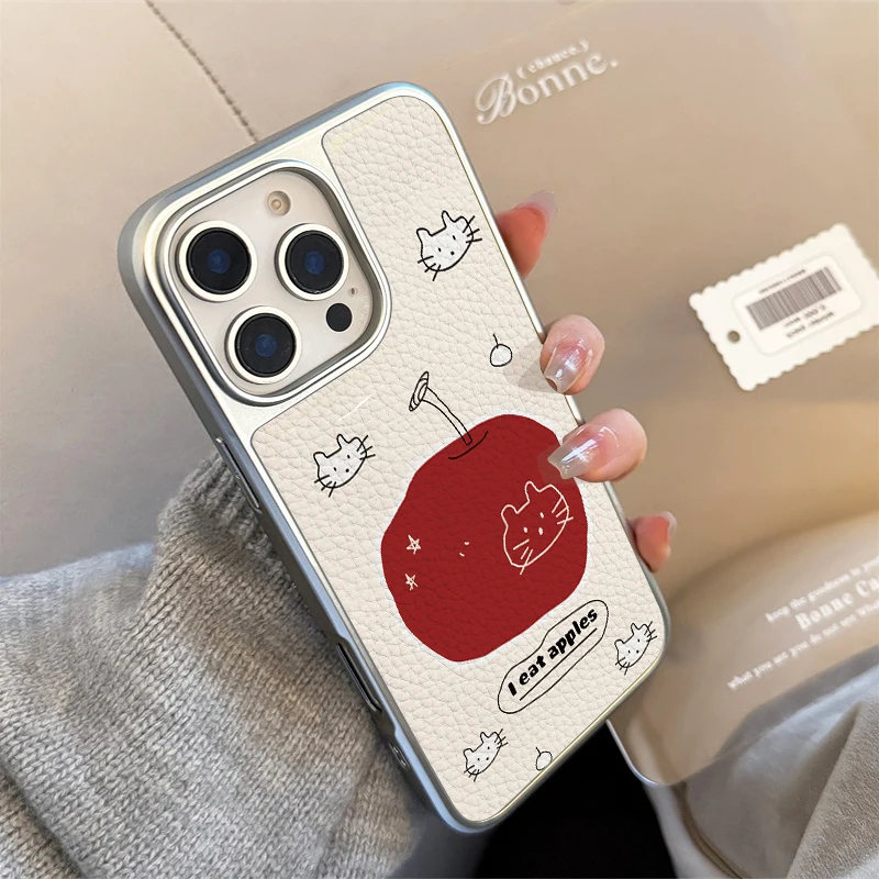 Funda de teléfono con textura de cuero con patrón de manzana ins cat eat para iPhone11/12/13/14/15/16/60 Pro Max AIR PLUS - imagen 2