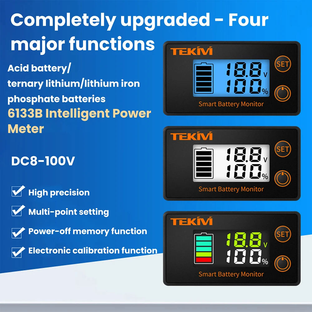 Probador de Baterías LCD 6133BN DC 8-100V para Baterías de Ácido/Ternarias/Litio Hierro, Voltímetro para Vehículos Eléctricos, Indicador de Voltaje y Potencia