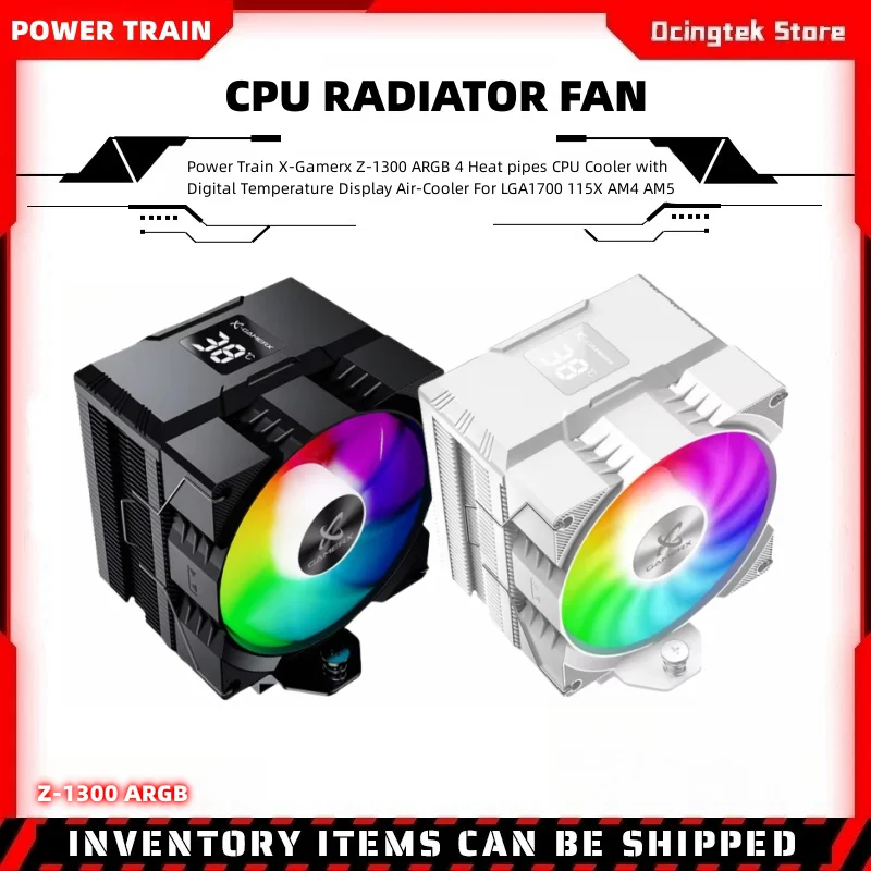 Enfriador de CPU Power Train x-gamamerx Z-1300 ARGB con pantalla Digital de temperatura, radiador, 4 tubos de calor para LGA1700/1200 115X AM4 AM5