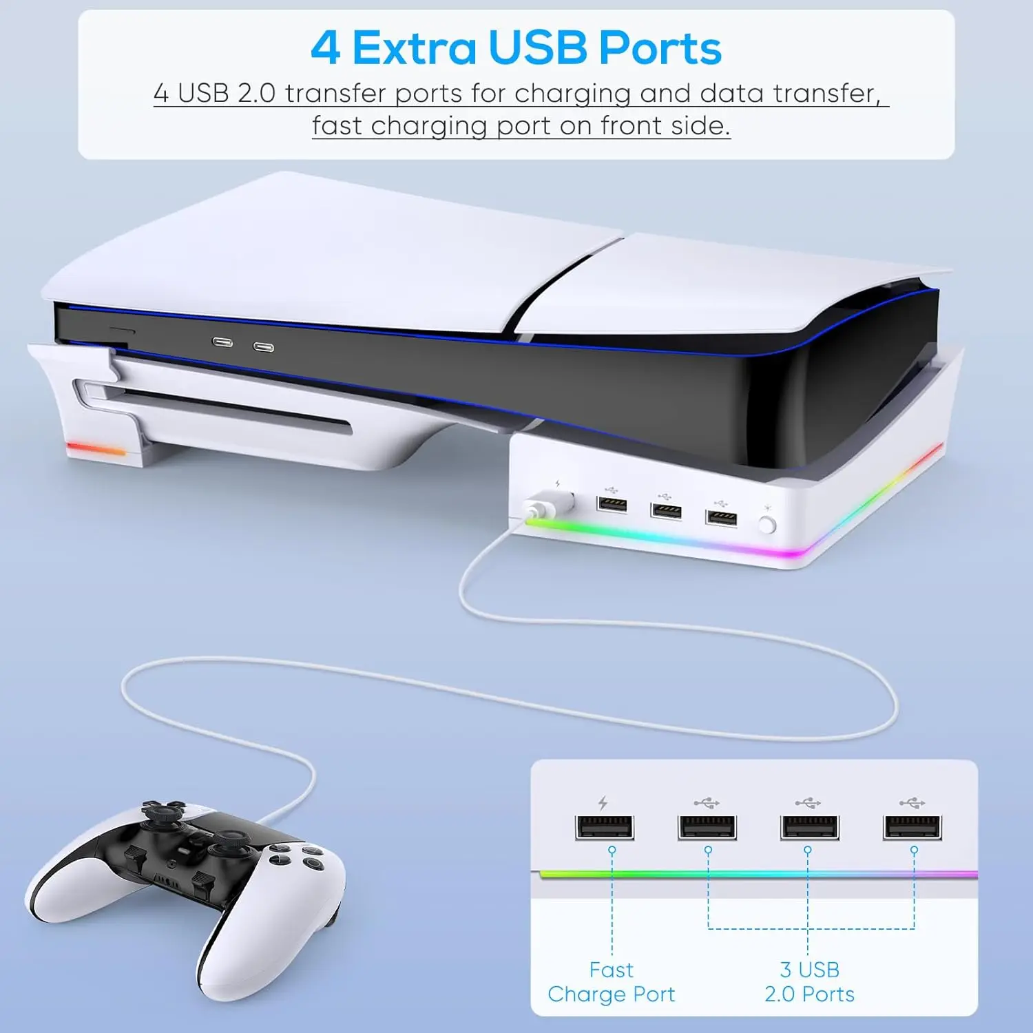 Soporte horizontal IPEGA con luz LED RGB para consola PS5 Slim, accesorios de soporte con 14 modos de luz y puertos USB de 4 puertos - imagen 4