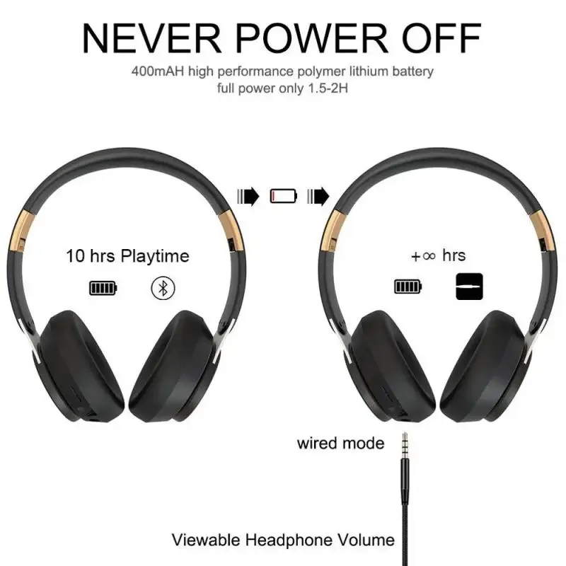 Auriculares inalámbricos Hifi 9D, audífonos estéreo envolvente de graves pesados, Bluetooth, plegables y ajustables, compatible con tarjeta TF/AUX Play con micrófono - imagen 4