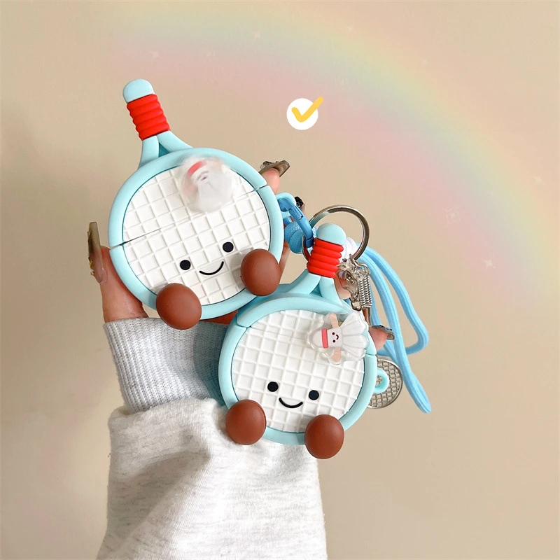 For AirPods 4 3 2 1 Pro Pro2 Earphone Case 3D Badminton Racket Cute Cartoon Silicone Protective Headphone Box With Pendant
