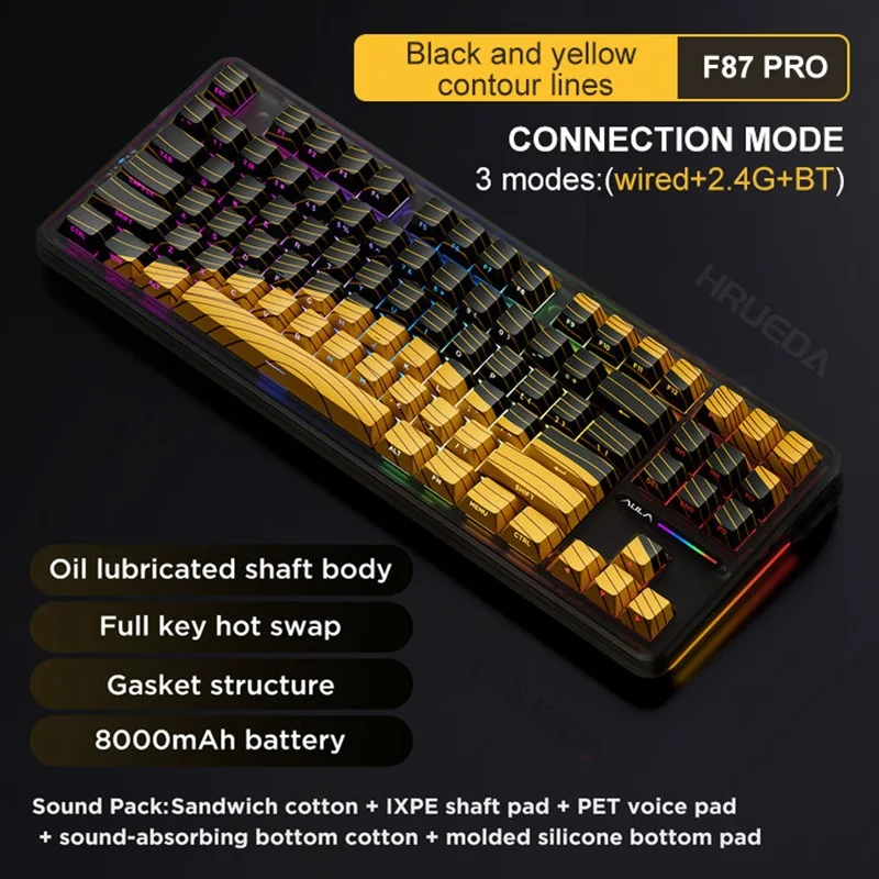 Teclado mecánico AULA F87 Pro personalizado para juegos + escritura RGB 2,4g/Usb/Bluetooth junta inalámbrica de modo Tri 87 teclas enchufables en caliente - imagen 5