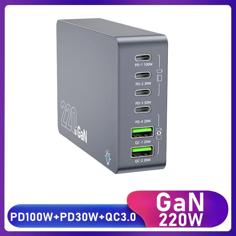 Cargador Universal USB PD de 220W para ordenador portátil, estación de carga de escritorio rápida USB tipo C QC3.0 para teléfono inteligente, tableta, Macbook Air Pro, 100W