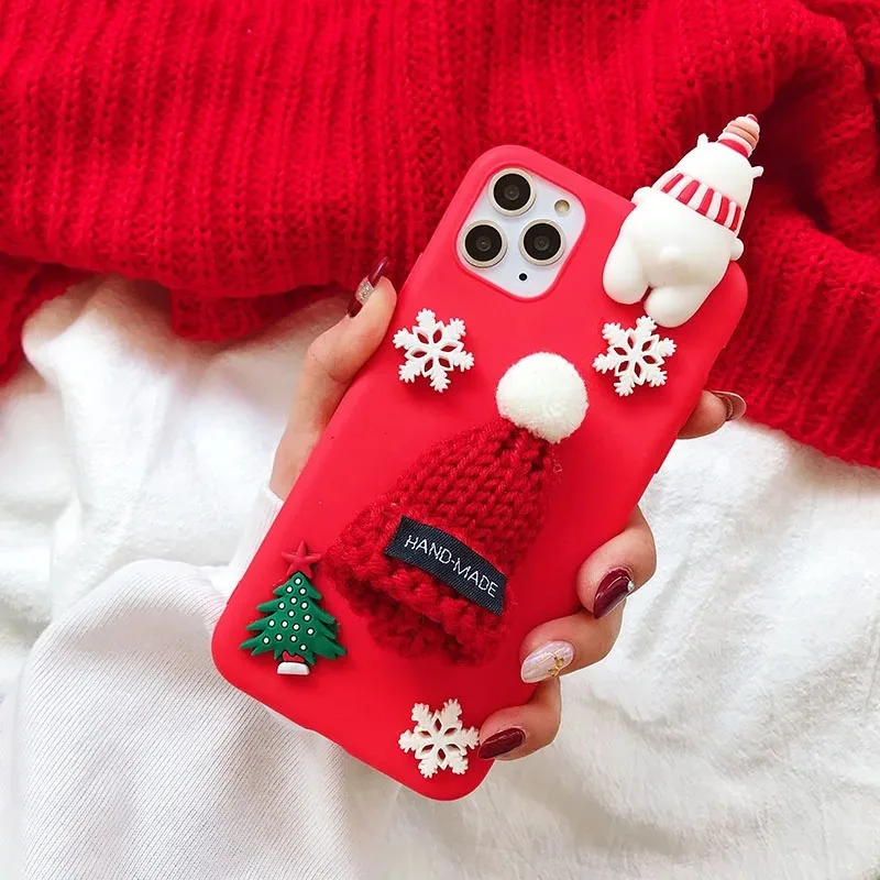 Guantes de tela 3D, sombrero, funda navideña de Papá Noel para iPhone 7, 8, 6, 6S Plus XS Max XR X SE 2020, muñeco de nieve, árbol, regalo, funda de teléfono con oso