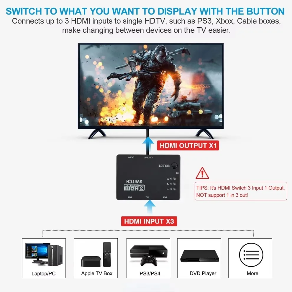 Conmutador 3 en 1 salida Compatible con HDMI con Control remoto 1080P, conmutador HDMI de 3 puertos, adaptador Hub 3x1 para proyector de DVD HDTV XBOX360 - imagen 2
