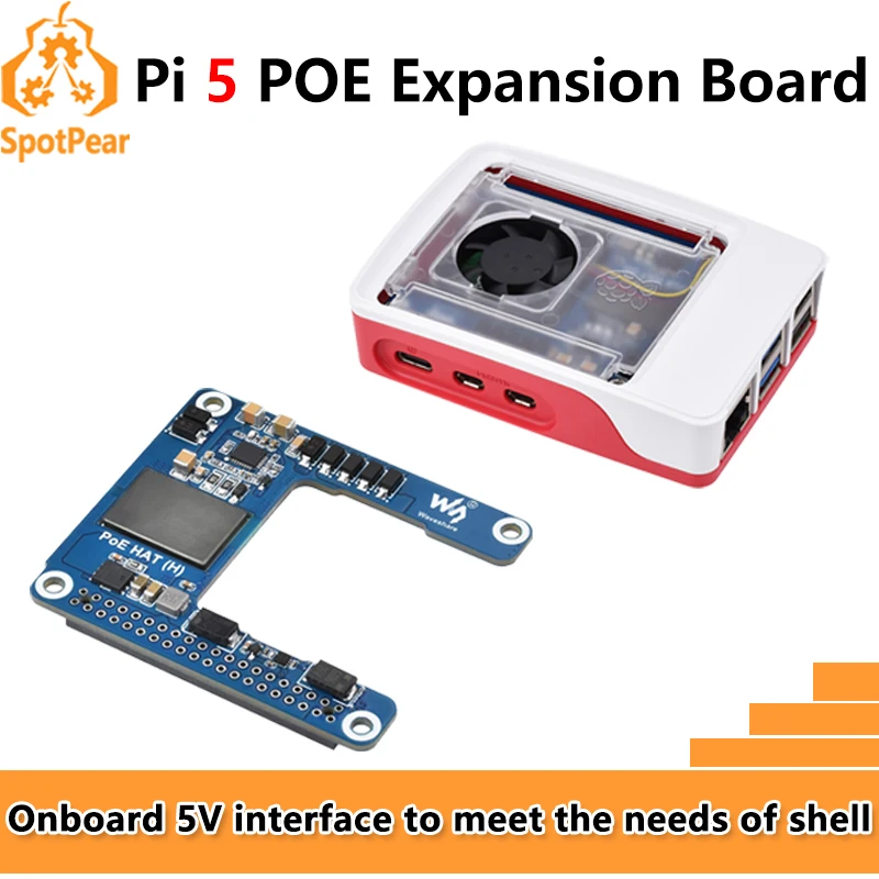 MINI HAT Raspberry Pi 5 PoE (H) 5V/5A Alimentación a través de RJ45 Ethernet 802.3af/at Moudle para Pi5 / CM5 Waveshare PoE HAT