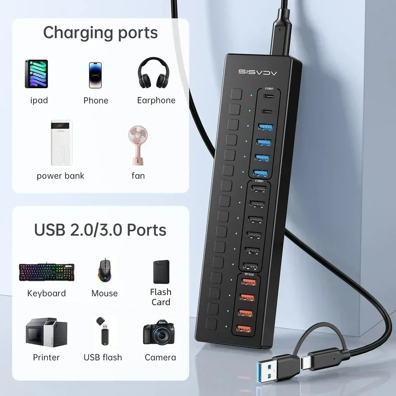 Acasis USB-C Splitter Extensor USB de 16 puertos para teclado, ratón, impresora, concentrador tipo C para Macbook Pro - imagen 4