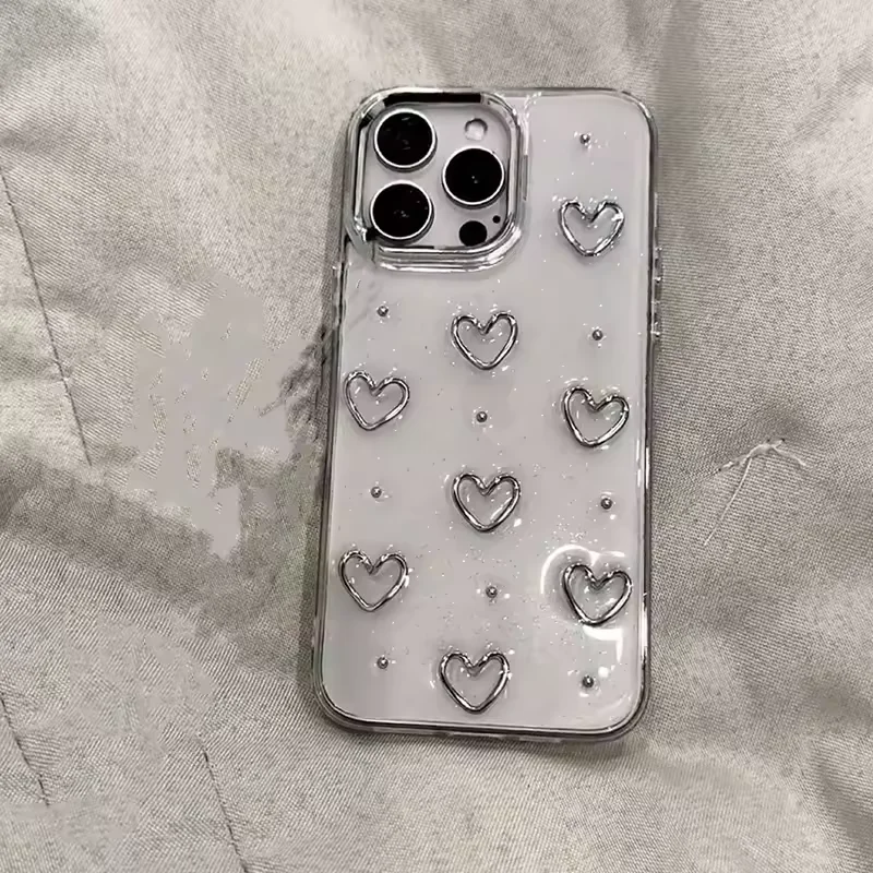 Funda de teléfono con purpurina coreana 3D ahuecada con corazón de amor para iPhone 17 16 15 14 13 12 11 Pro Max 17Air X XR XS 7 8 Plus cubierta transparente - imagen 5