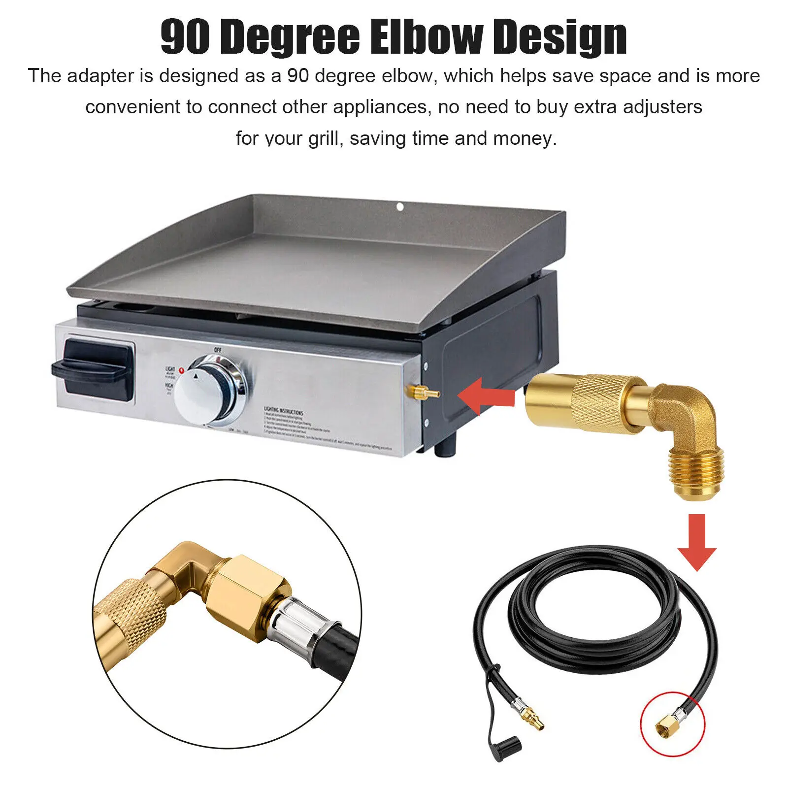Adaptador de codo de propano con conexión acampanada macho de 3/8 ", adaptador de codo de 90 grados de latón, accesorio de conversión para parrilla de 17" y 22" caliente - imagen 4