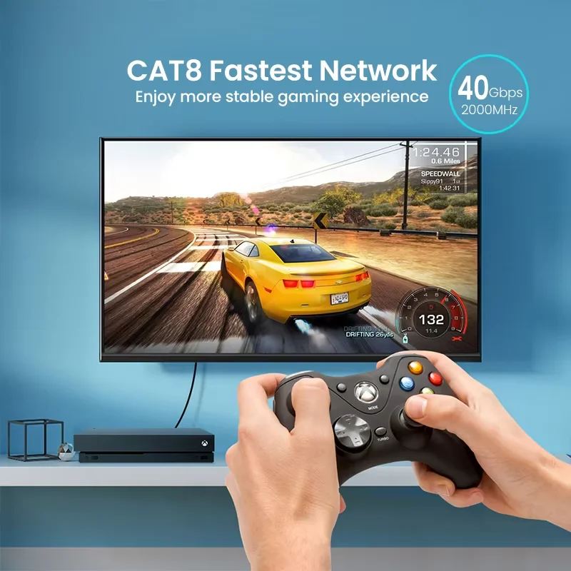 CYANMI Cable Ethernet CAT8 40Gbps Cable Lan de red trenzado de nailon para PC módem portátil PS 5 enrutador RJ45 Cable Ethernet plano Cat 8 - imagen 5