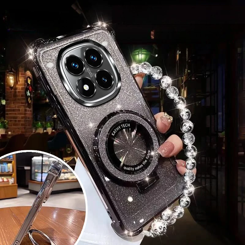 Funda con soporte magnético brillante para Xiaomi Redmi Note 14 15 Pro Plus 15 15C 14C 14S 4G 5G, funda de silicona con pulsera de cristal - imagen 5