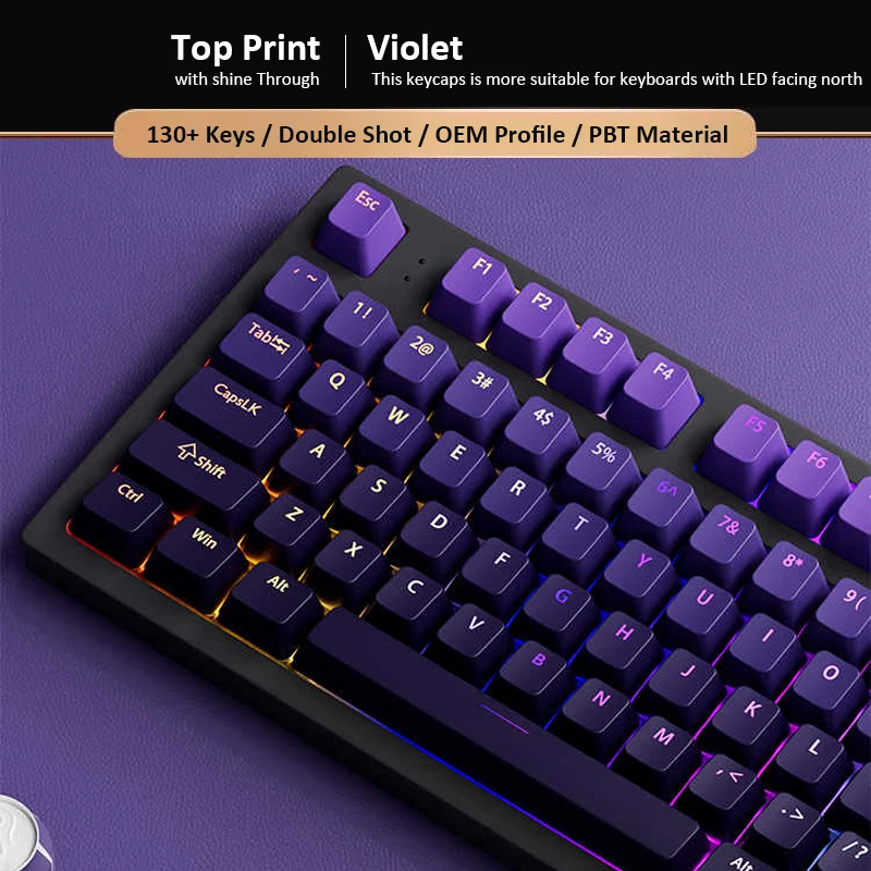 Perfil OEM violeta degradado personalizado, tapa de tecla con brillo superior, teclas PBT de doble disparo, 130 teclas para interruptores MX, teclado para juegos