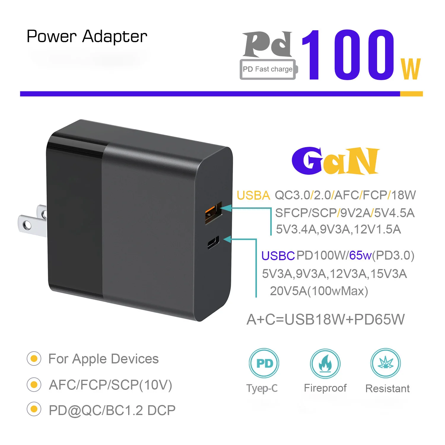 FMchip 100W Adaptador GaN USB Tipo C Cargador PD 3.0 QC 3 USB-A de carga rápida para TS101 HS-01 Soldador Portátil - imagen 3